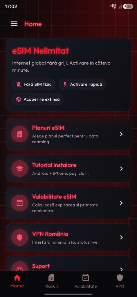 Home — meniul principal din aplicație