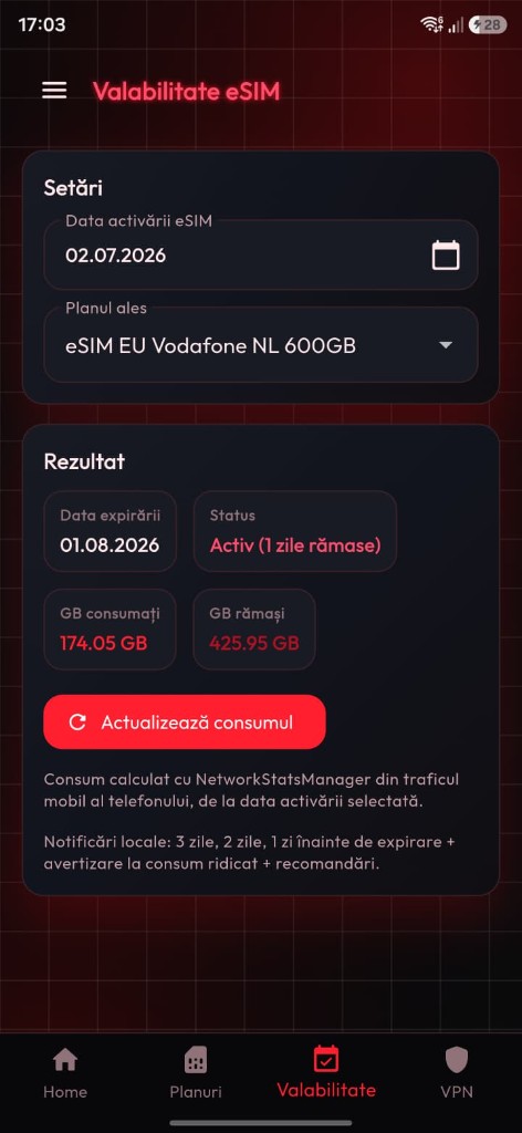 Valabilitate — status eSIM și consum GB