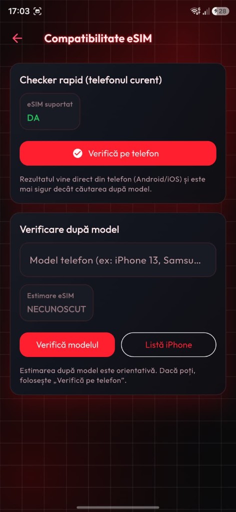 Compatibilitate eSIM — verificare telefon